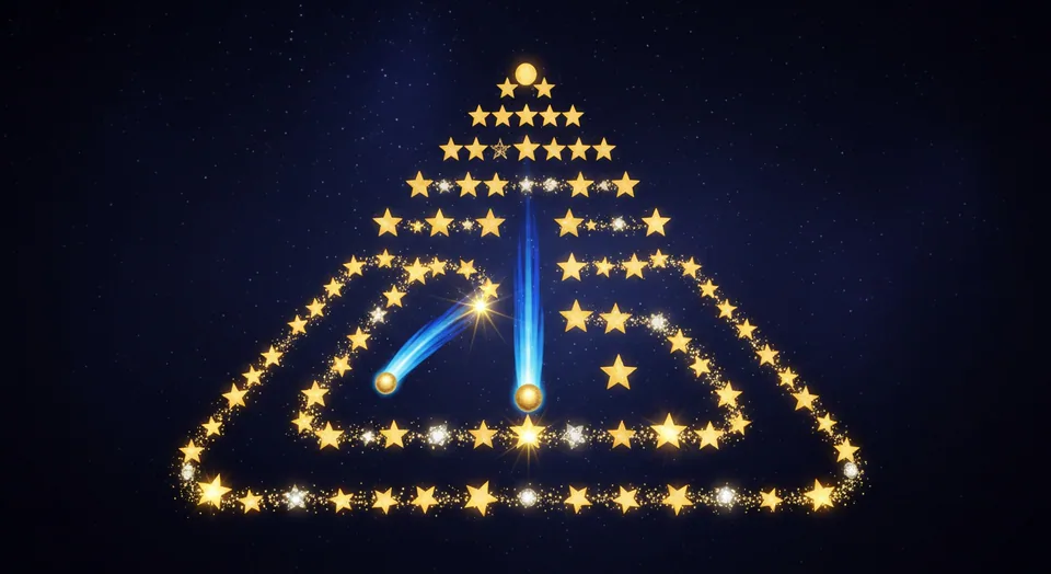 A comet-like shard descending through a field of star-pegs in the Comet's Descent game.