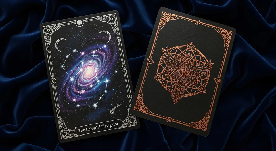 A mystical card from the Oracle's Deck, ready for a higher-or-lower prediction.